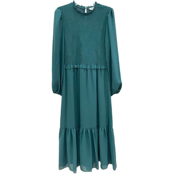 Nanette Women's Green Mock Neck Balloon-Sleeve Smocked Tiered Dress Size 10 NWT - Picture 1 of 11